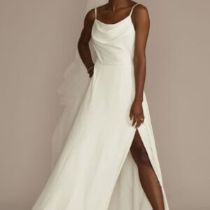 Cowl Neck Crepe A-Line Wedding ceremony Costume with Scoop Again | David’s Bridal