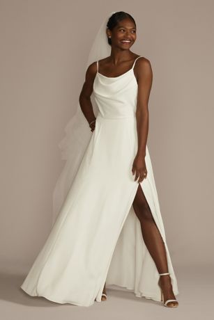 Cowl Neck Crepe A-Line Wedding ceremony Costume with Scoop Again | David’s Bridal