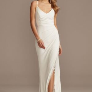 Ruched Jersey Gown with Lace Slit and Spaghetti Straps | David’s Bridal